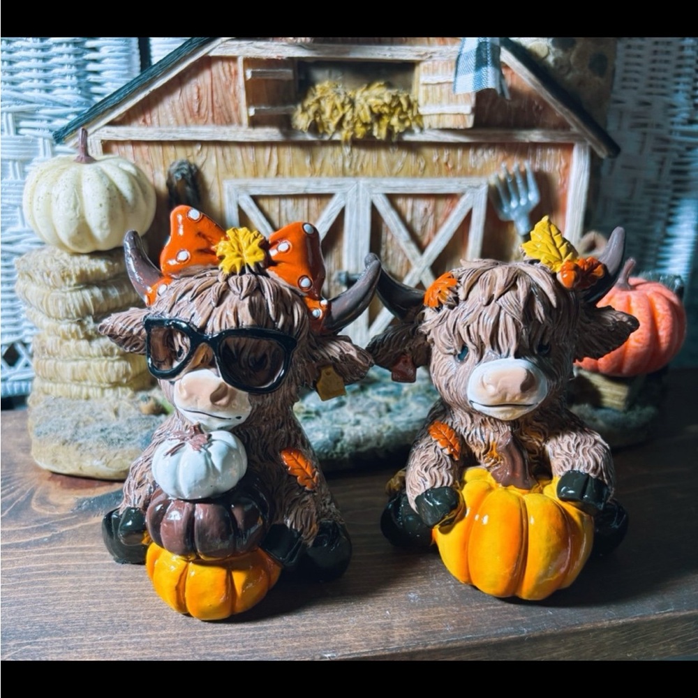 Adorable Cow Figurines with Pumpkins